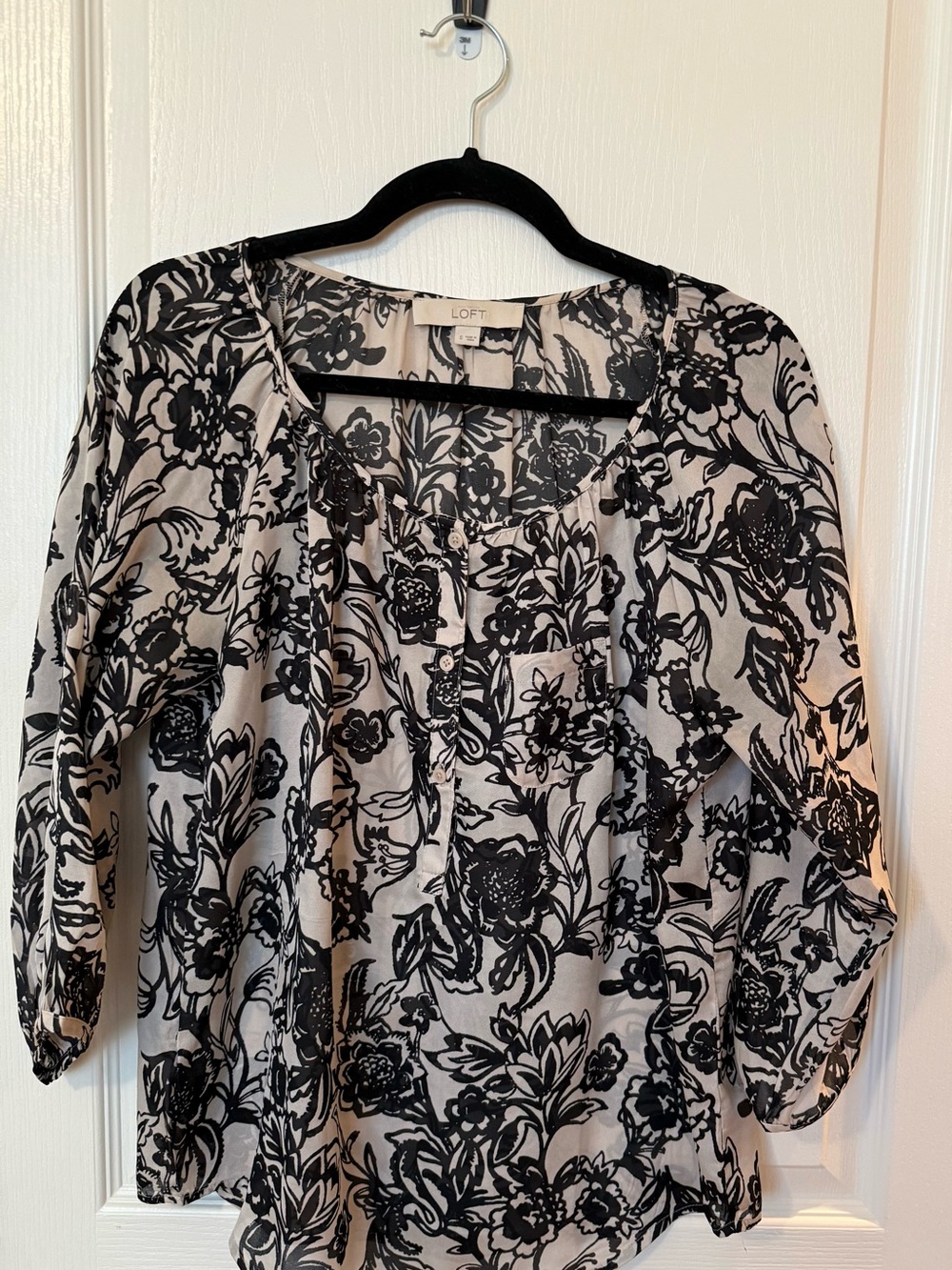 LOFT Black and Cream Floral Button-Front Top
